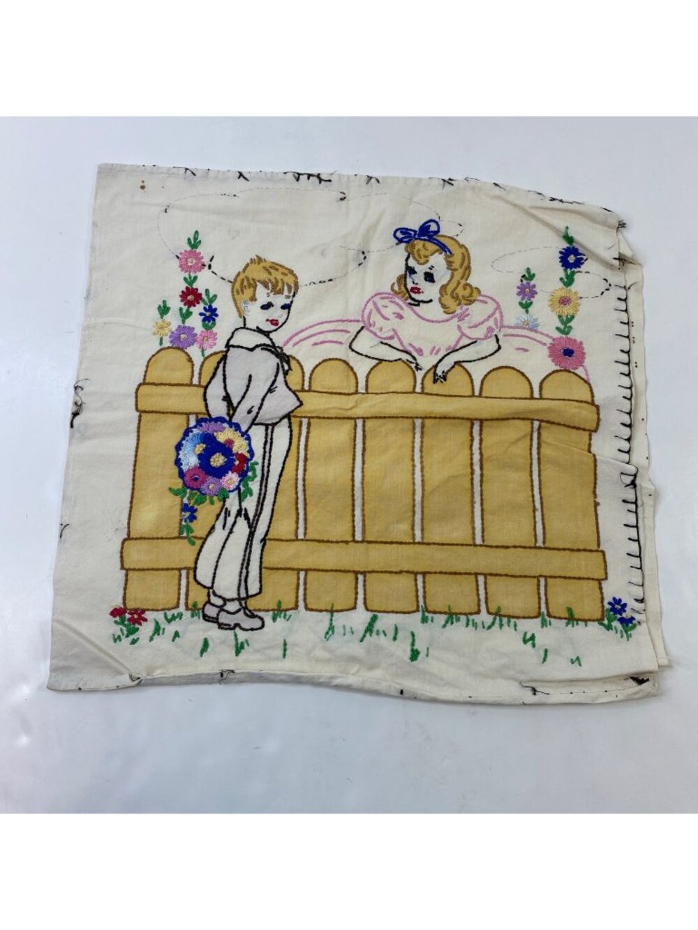 1930’s Unfinished Tinted Stamped Embroidery 16" Pillow Cover Boy Girl Over Fence